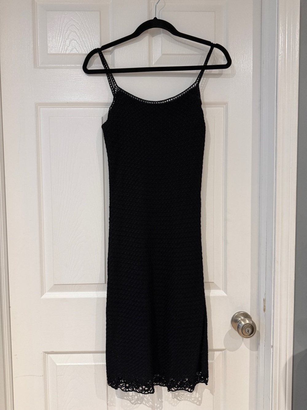 90s Ralph Lauren Black Hand‑Knit Slip Dress M Minimalist Lace Hem Vintage